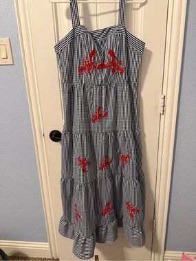 Blue and White Gingham Tiered Sundress with Embroidered Lobsters 🦞